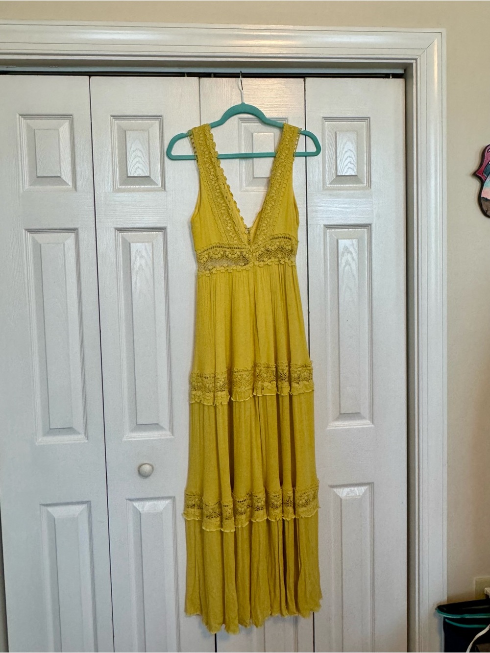 Yellow Lace Trim V-Neck Maxi Dress